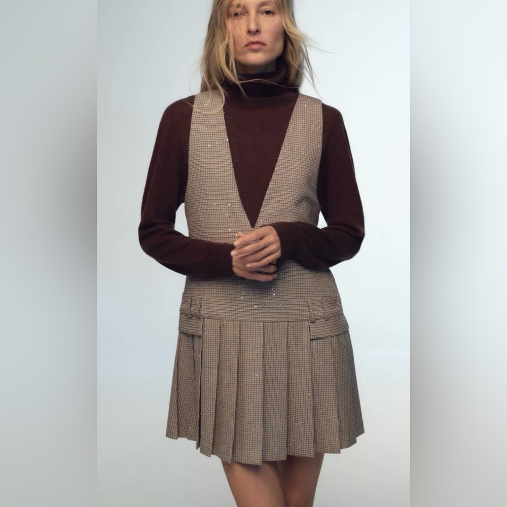 NWOT Zara Brown and Cream Pleated Sleeveless Dress